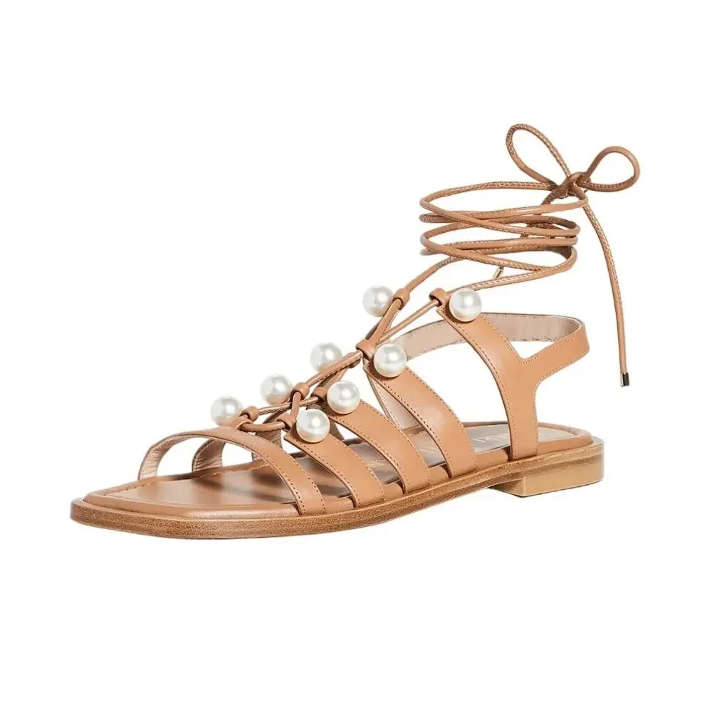 Stuart Weitzman Pearl Embellished Brown Goldie Lace Up Sandals Size 6.5